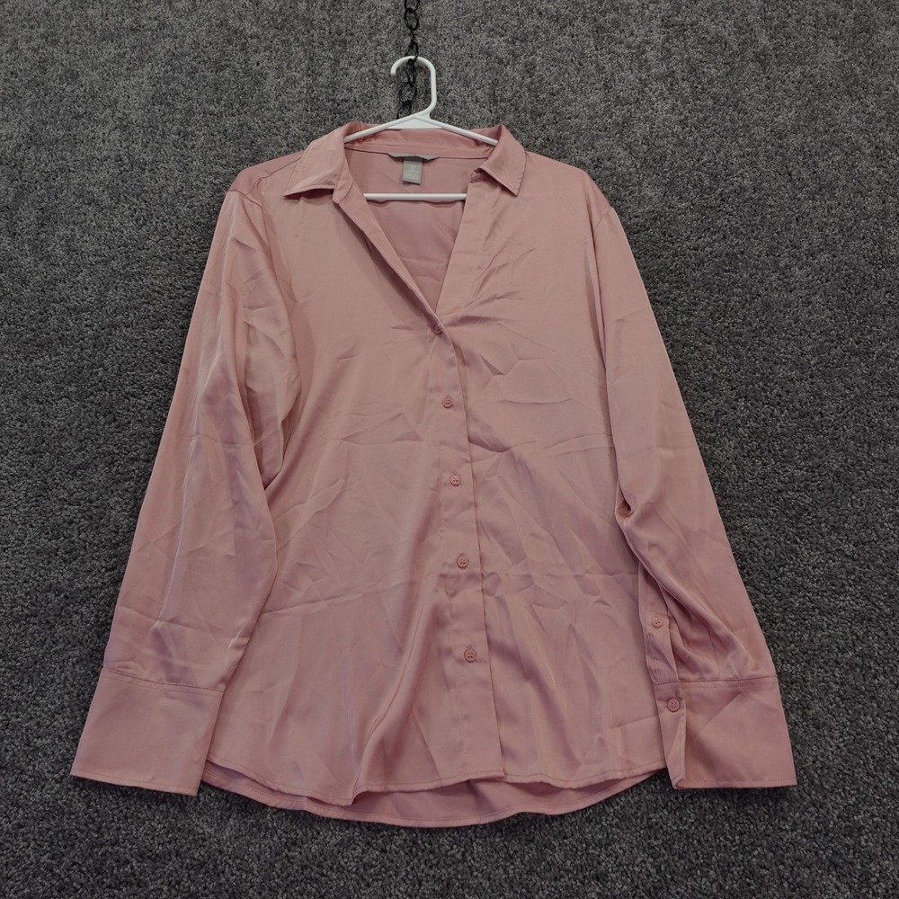 H&M Button Up Shirt Womens Large Pink Long Sleeve Satin Collared Blouse Solid